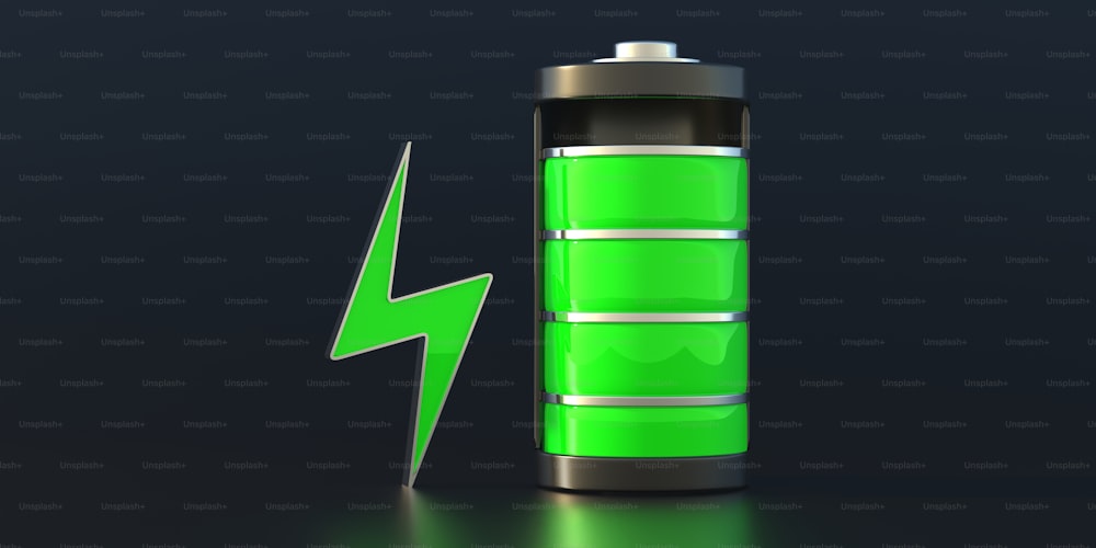 Aufladen des Akkus. Elektrisches Energieversorgungsquellenkonzept, Handy-App-Symbol. Grüner Akku mit Füllstandsanzeige und Blitz auf schwarzem Hintergrund. 3D-Illustration