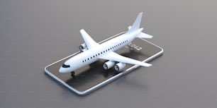 Smartphone digital app and flights advertising concept. White airplane on mobile isolated on grey background. Technology quick online check-in booking ticket business summer vacation. 3d illustration