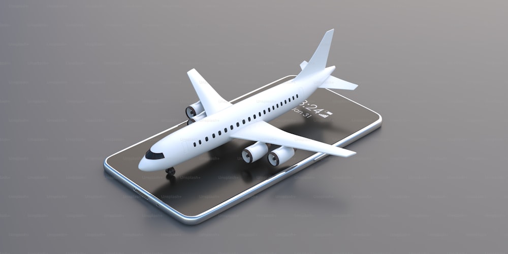 Aplicación digital para teléfonos inteligentes y concepto de publicidad de vuelos. Avión blanco sobre móvil aislado sobre fondo gris. Tecnología rápida check-in online reserva de billete de negocios vacaciones de verano. Ilustración 3D