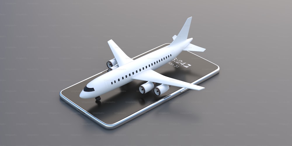 App digitale per smartphone e concetto di pubblicità dei voli. Aeroplano bianco sul cellulare isolato su sfondo grigio. Tecnologia rapida check-in online prenotazione biglietti business vacanze estive. Illustrazione 3D