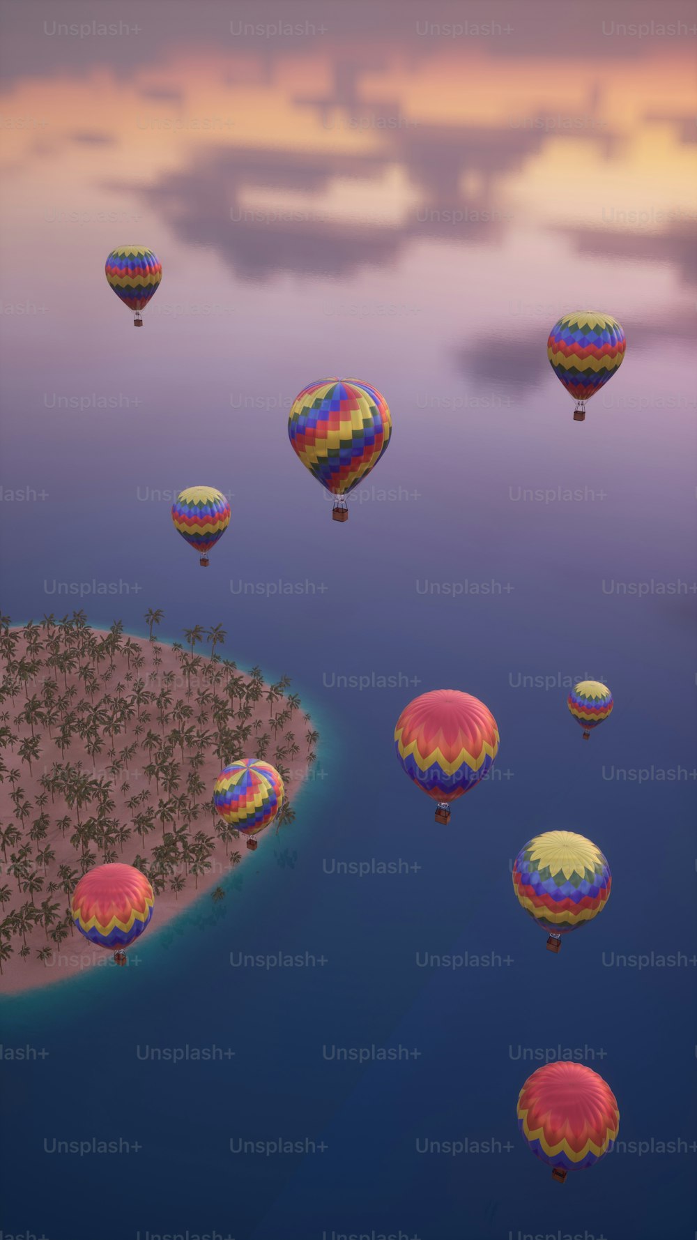Eine Gruppe von Heißluftballons fliegt über eine kleine Insel