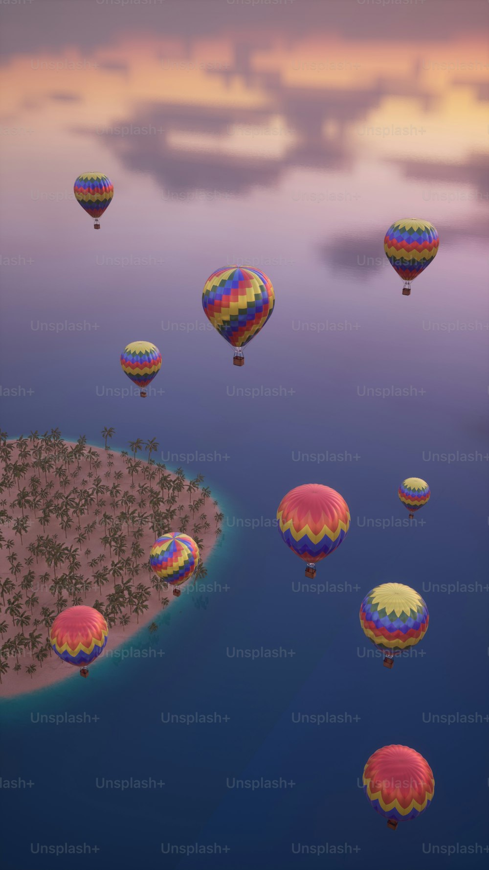 a group of hot air balloons flying over a small island