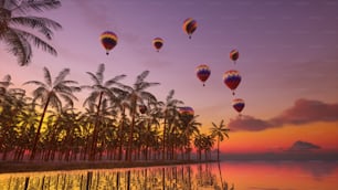 a group of hot air balloons flying over a body of water