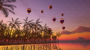 um grupo de balões de ar quente voando sobre um corpo de água