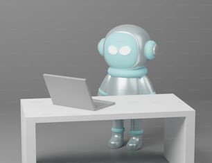 a robot sitting at a desk with a laptop