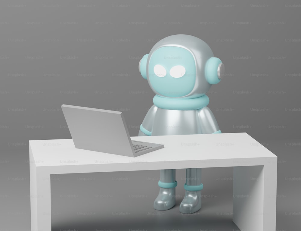 a robot sitting at a desk with a laptop