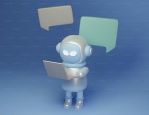 a small robot holding a laptop with a speech bubble above it