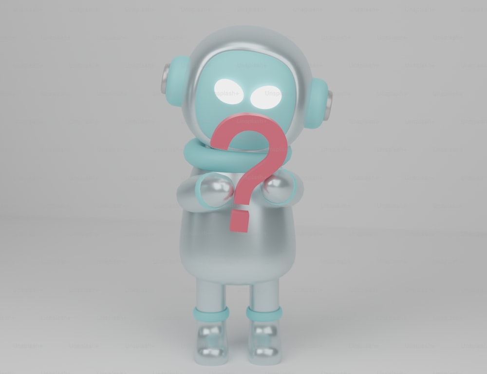 a blue robot with a red question mark