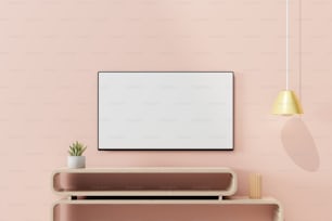 a pink room with a shelf, a plant and a picture frame