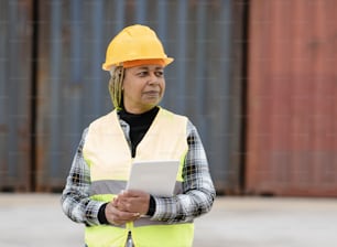mature african woman logistics worker in port with containers, wearing reflective vest and protective helmet, while holding a tablet. - working woman -