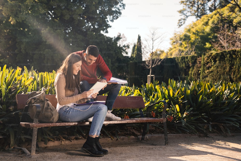 Two friends studying in the park. Two students practicing for an exam. Horizontal photograph, university campus
