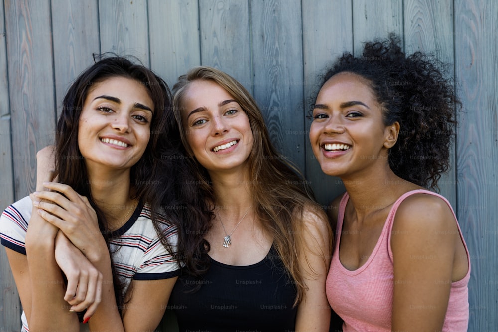 Portrait of happy women. Group of young friends posing outside.