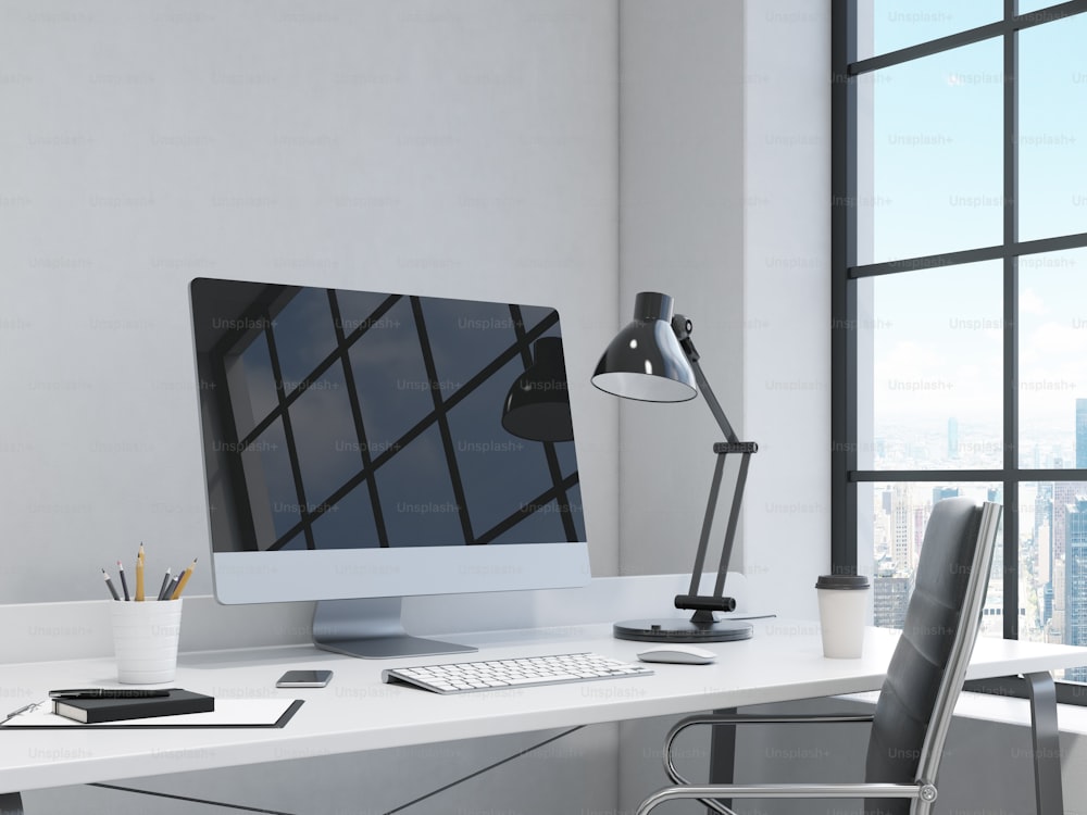 workplace in the corner, computer, keyboard, mouse, smartphone, lamp, note pad, pen, pencil glass, coffee on the table, chair in front, window to the right, city view, concept of work