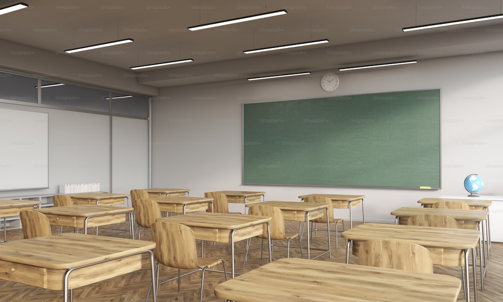 Classroom interior with white poster on wall, clock, chalkboard and wooden tables. Concept of knowledge. 3d rendering. Mock up.