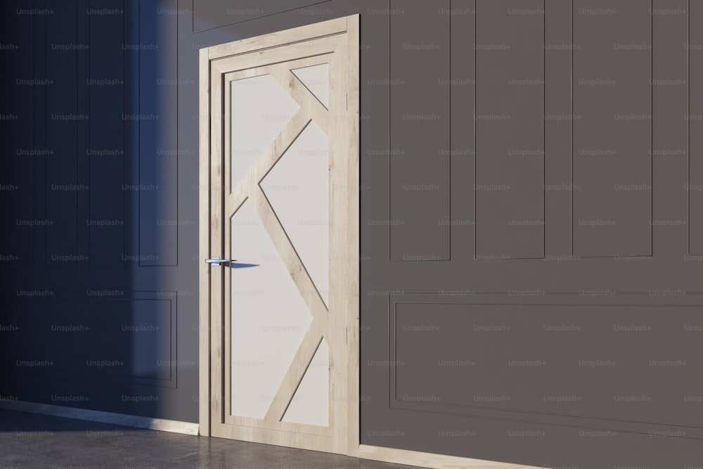 灰色の壁、コンクリートの床、白と木の閉じたドアを持つ空の部屋の内部。広告のコンセプト。側面図。3Dレンダリングモックアップ