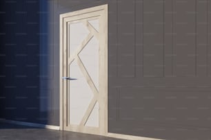 灰色の壁、コンクリートの床、白と木の閉じたドアを持つ空の部屋の内部。広告のコンセプト。側面図。3Dレンダリングモックアップ