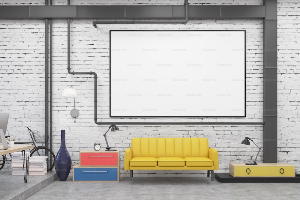 Sitting room interior with white brick walls, a whiteboard hanging above a yellow sofa and colorful sets of drawers by its sides. 3d rendering. Mock up