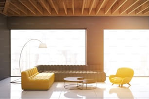 Gray living room interior with panoramic windows, white walls and wooden ceiling. One gray and one yellow sofa and an armchair. Futuristic coffee table. 3d rendering. Toned image