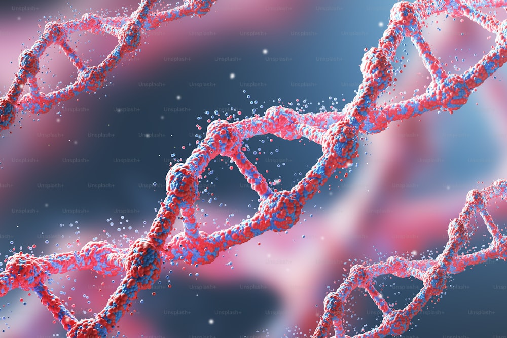 Três cadeias diagonais de DNA vermelhas contra fundo azul escuro. Conceito de ciência. Renderização 3D.