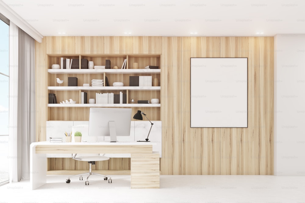 Ligth wooden workplace with a table, a desktop standing on it and a bookcase behind it. Poster on the wall. 3d rendering. Mock up.