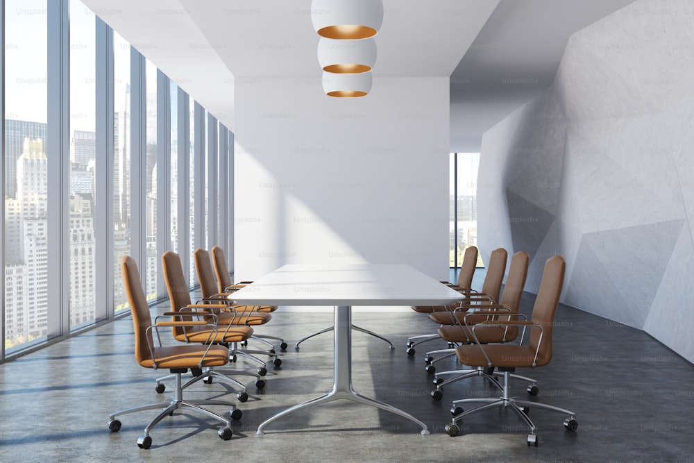 Front view of a modern meeting room with brown chairs standing along a table. White wall. 3d rendering mock up