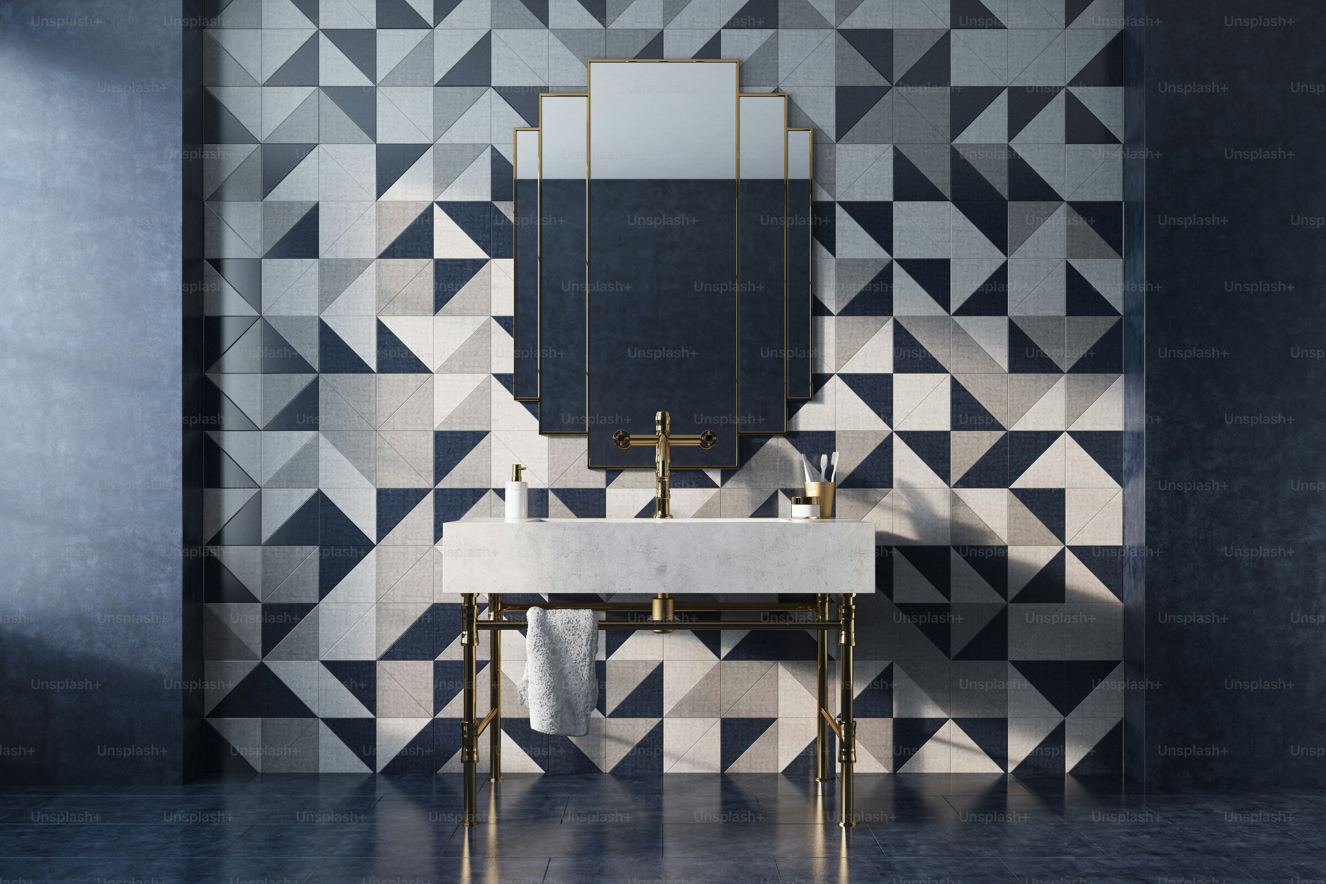 Vintage bathroom interior with a white sink, gold legs and a mosaic wall with an original mirror. Concept of luxury and wealth. 3d rendering