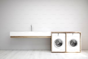 シンク、2台の洗濯機、白い木製の床を備えた灰色の洗濯室の内部。3Dレンダリングモックアップ