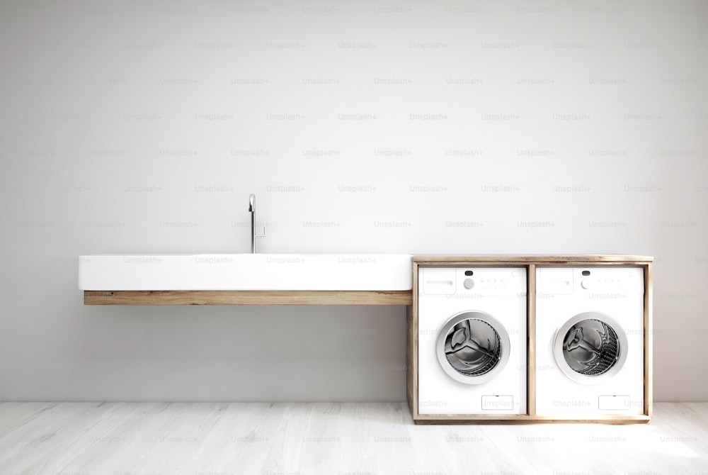 Gray laundry room interior with a sink, two washing machines and a white wooden floor. 3d rendering mock up