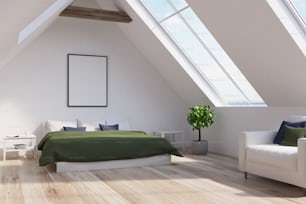 Dachgeschoss-Schlafzimmer mit einem Doppelbett, einer grünen Abdeckung, einem vertikal gerahmten Poster und Fenstern im Dach. Seitenansicht. 3D-Rendering-Mock-up