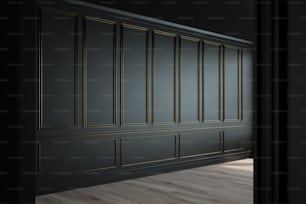 Empty luxury room interior with black walls, frame like decoration elements on them and a wooden floor. Side view. 3d rendering, mock up
