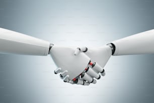 Primer plano de dos cyborgs blancos dándose la mano. Fondo gris. Concepto de futuro y nuevas tecnologías. Maqueta de renderizado 3D