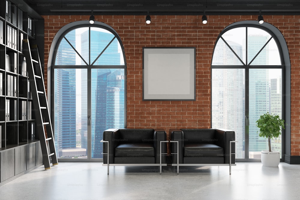 벽돌과 검은색 벽, 콘크리트 바닥, 높은 창문, 액자 포스터가 있는 CEO 사무실. 두 개의 큰 안락 의자가 폴더가있는 책장 근처에 서 있습니다. 3d 렌더링 모형