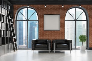 Oficina del CEO con paredes de ladrillo y negro, un piso de concreto, ventanas altas y un póster enmarcado. Dos grandes sillones están de pie cerca de una estantería con carpetas. Maqueta de renderizado 3D