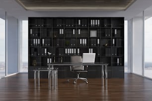 Das Interieur des CEO-Büros ist mit einem Holzboden, einem Panoramafenster, einem großen schwarzen Bücherregal und einem Tisch mit einem Laptop ausgestattet. 3D-Rendering-Mock-up