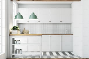 White kitchen interior with a tiled wall and floor, countertops and a small table with jars. 3d rendering mock up