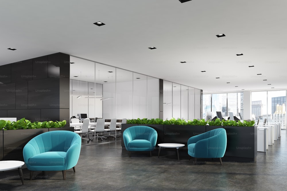 Side view of a modern office waiting area with blue armchairs, a coffee table, glass wall offices and a flower bed. 3d rendering mock up