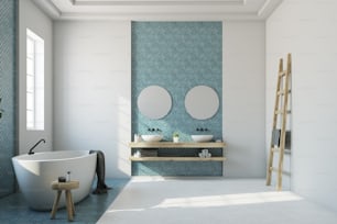 Weißes Badezimmerinterieur mit blauem Mosaik, weißem und blauem Boden, ovaler Badewanne, Doppelwaschbecken und zwei runden Spiegeln. 3D-Rendering-Mock-up