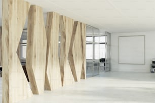 Vista laterale di un ambiente ufficio open space e una sala conferenze con un motivo geometrico astratto e un poster su una parete. Mock up di rendering 3D