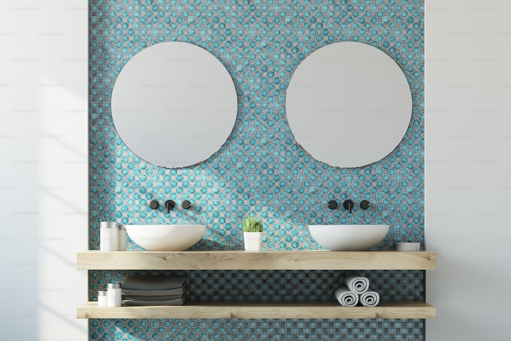 White and blue bathroom interior with a double sink on a wooden shelf, a potted plant and two round mirrors. 3d rendering
