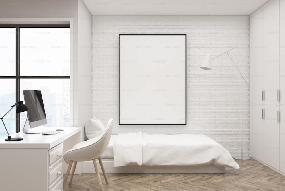 白いベッド、肘掛け椅子、コンピューターテーブルを持つ白いレンガ造りの寝室の内部。壁に額入りの縦型ポスター。3Dレンダリングモックアップ
