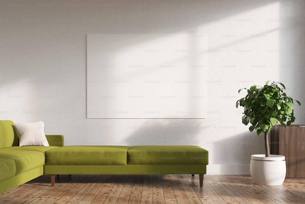 White living room interior with a green sofa, a white pillow on it and a potted tree next to it. A horizontal poster on the wall. 3d rendering mock up