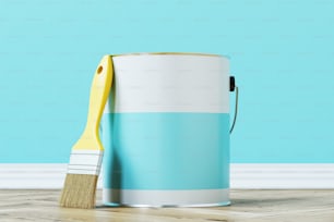 Close up de um balde de tinta azul em pé em um piso de madeira contra uma parede azul com um grande pincel perto dele. Modelo de renderização 3D