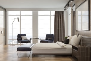 Dormitorio de lujo con paredes grises claras y blancas, ventanas de loft, un suelo de madera, una cama con dos sillones y un póster. Perfil. Maqueta de renderizado 3D