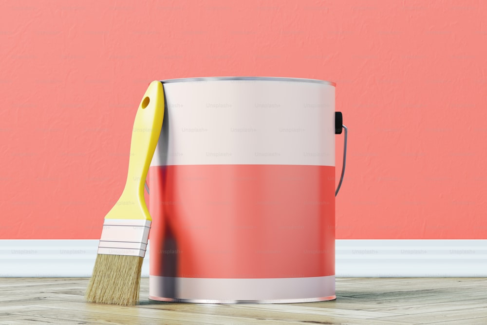 Close up of a red paint bucket standing on a wooden floor against a red wall with a large paintbrush near it. 3d rendering mock up