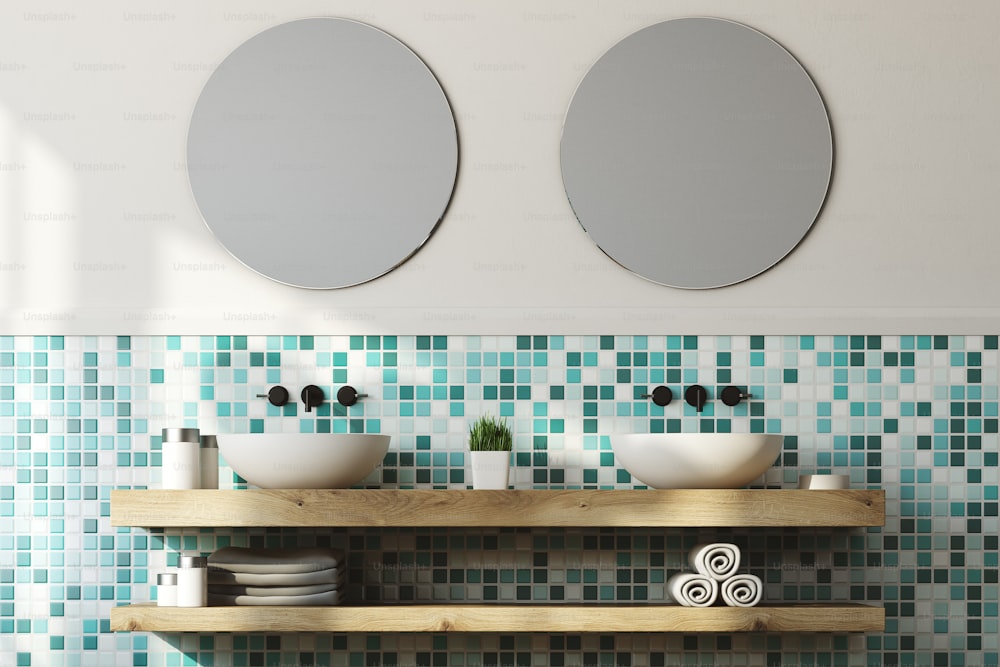 Close up of a double sink standing on a wooden shelf with two round mirrors above it. A green and white wall. A shelf with rolled and folded towels under them. 3d rendering