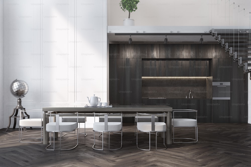 White dining room interior with a wooden floor, a long talbe with chairs around it and a kitchen in the background. 3d rendering mock up