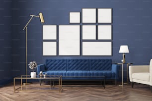 Interno del soggiorno con pavimento in legno, finestre a soppalco, un divano blu, un tavolino da caffè e una galleria di poster su una parete blu. Mock up di rendering 3D