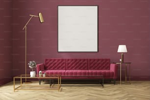 Interior blanco de la sala de estar con suelo de madera, ventanas de loft, un sofá rojo, una mesa de centro y un póster vertical enmarcado en una pared púrpura. Maqueta de renderizado 3D