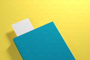 白いブックマークを持つ閉じた緑色のプランナーが黄色の表面に横たわっています。広告のコンセプト。3Dレンダリングモックアップ