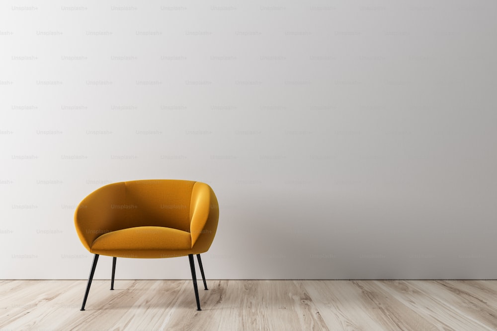 White room interior with a wooden floor and a soft yellow armchair standing near the wall. Concept of a waiting room. 3d rendering mock up